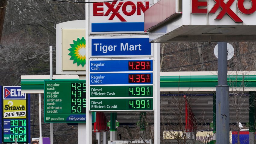 Gas prices are displayed at gas stations in Englewood, N.J., Monday, March 7, 2022.