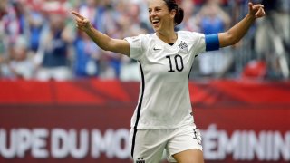 In this July 5, 2015, file photo, Carli Lloyd of the U.S celebrates scoring her third goal against Japan during the first half of the FIFA Women's World Cup soccer championship in Vancouver, British Columbia, Canada.