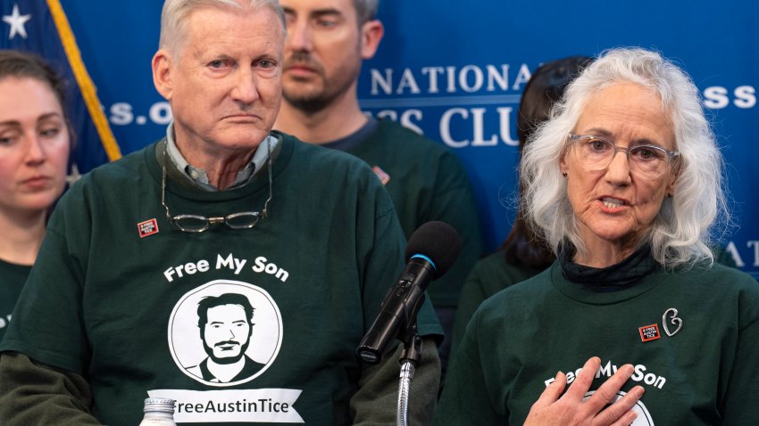 Marc Tice, left, and Debra Tice, the parents of Austin Tice, a journalist who was kidnapped in Syria, update the media about their son’s condition as they continue to push for his release, Friday, Dec. 6, 2024,  during a news conference at the National Press Club in Washington.