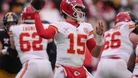 Kansas City Chiefs quarterback Patrick Mahomes passes in the pocket against the Pittsburgh Steelers during the second half of the Christmas Day game in Pittsburgh.