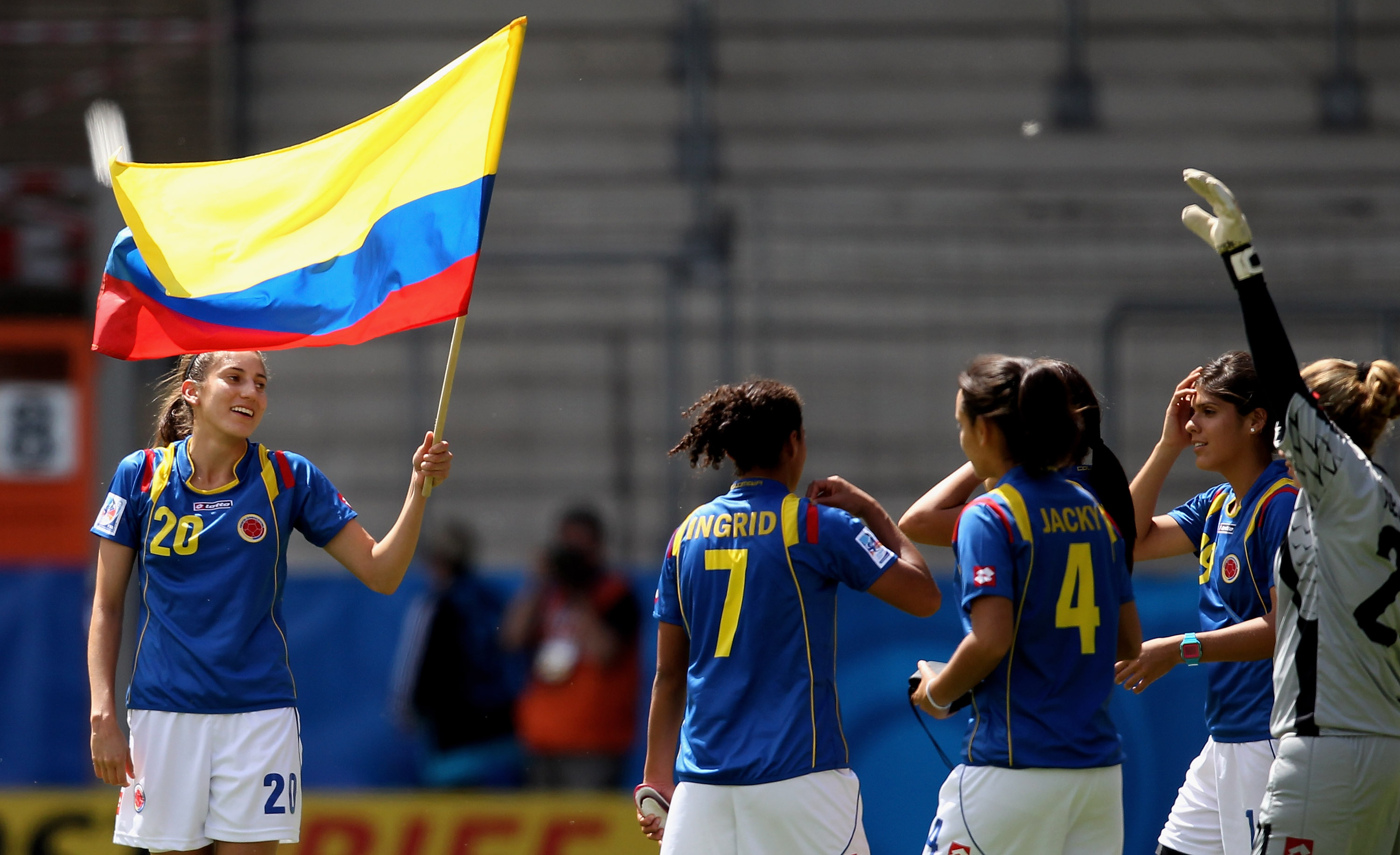 BIELEFELD, GERMANY - JULY 24:  Melissa Ortiz (L) of Colombia celebrates after winning the FIFA U20 Women's World Cup Quarter Final match between Sweden and Colombia at the FIFA U-20 Women's World Cup stadium on July 24, 2010 in Bielefeld, Germany.  (Photo by Friedemann Vogel - FIFA/FIFA via Getty Images)