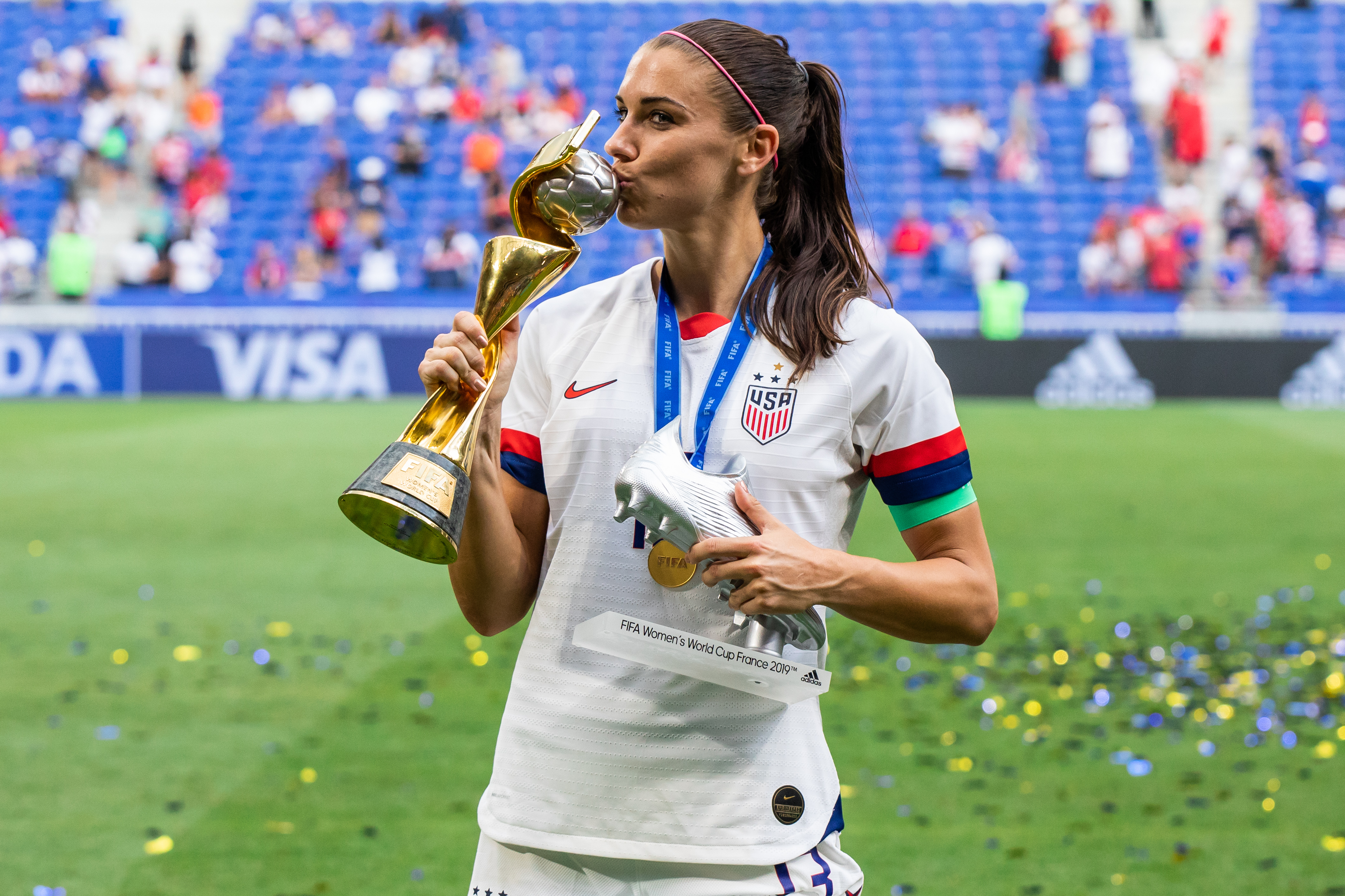 STADE DE LYON, LYON, FRANCE - 2019/07/07: Alex Morgan of the USA women's national team celebrating with trophy and the second best scorer in the tournament award after the 2019 FIFA Women's World Cup Final match between The United States of America and The Netherlands at Stade de Lyon.
(Final score; USA - Netherlands 2:0). (Photo by Mikoaj Barbanell/SOPA Images/LightRocket via Getty Images)