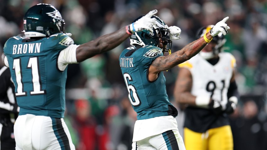 PHILADELPHIA, PENNSYLVANIA – DECEMBER 15: DeVonta Smith #6 of the Philadelphia Eagles reacts after a first down against the Pittsburgh Steelers during the fourth quarter at Lincoln Financial Field on December 15, 2024 in Philadelphia, Pennsylvania. (Photo by Emilee Chinn/Getty Images)