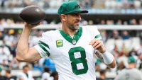 Aaron Rodgers of the New York Jets warms up prior to an NFL football game against the Jacksonville Jaguars at EverBank Stadium on Dec. 15, 2024 in Jacksonville, Fla.