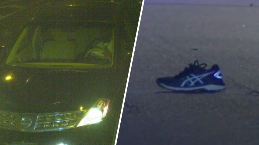 Split image shows hit-and-run victim's shoe and man police believe may have driven a Nissan Murano into her.