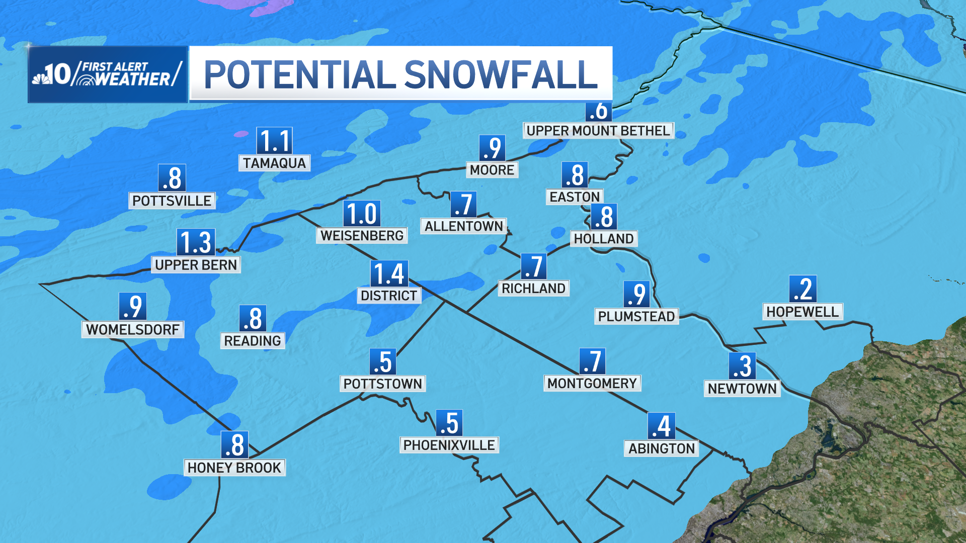 Map shows potential for light snowfall.