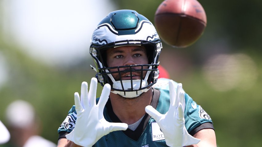 May 30, 2024; Philadelphia, PA, USA; Philadelphia Eagles tight end C.J. Uzomah (87) catches a pass during practice at NovaCare Complex. Mandatory Credit: Bill Streicher-USA TODAY Sports