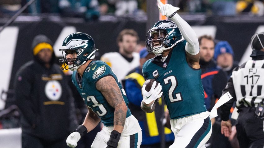 Dec 15, 2024; Philadelphia, Pennsylvania, USA; Philadelphia Eagles cornerback Darius Slay Jr. (2) celebrates with linebacker Zack Baun (53) after his fumble recovery during the third against the Pittsburgh Steelers quarter at Lincoln Financial Field. Mandatory Credit: Bill Streicher-Imagn Images