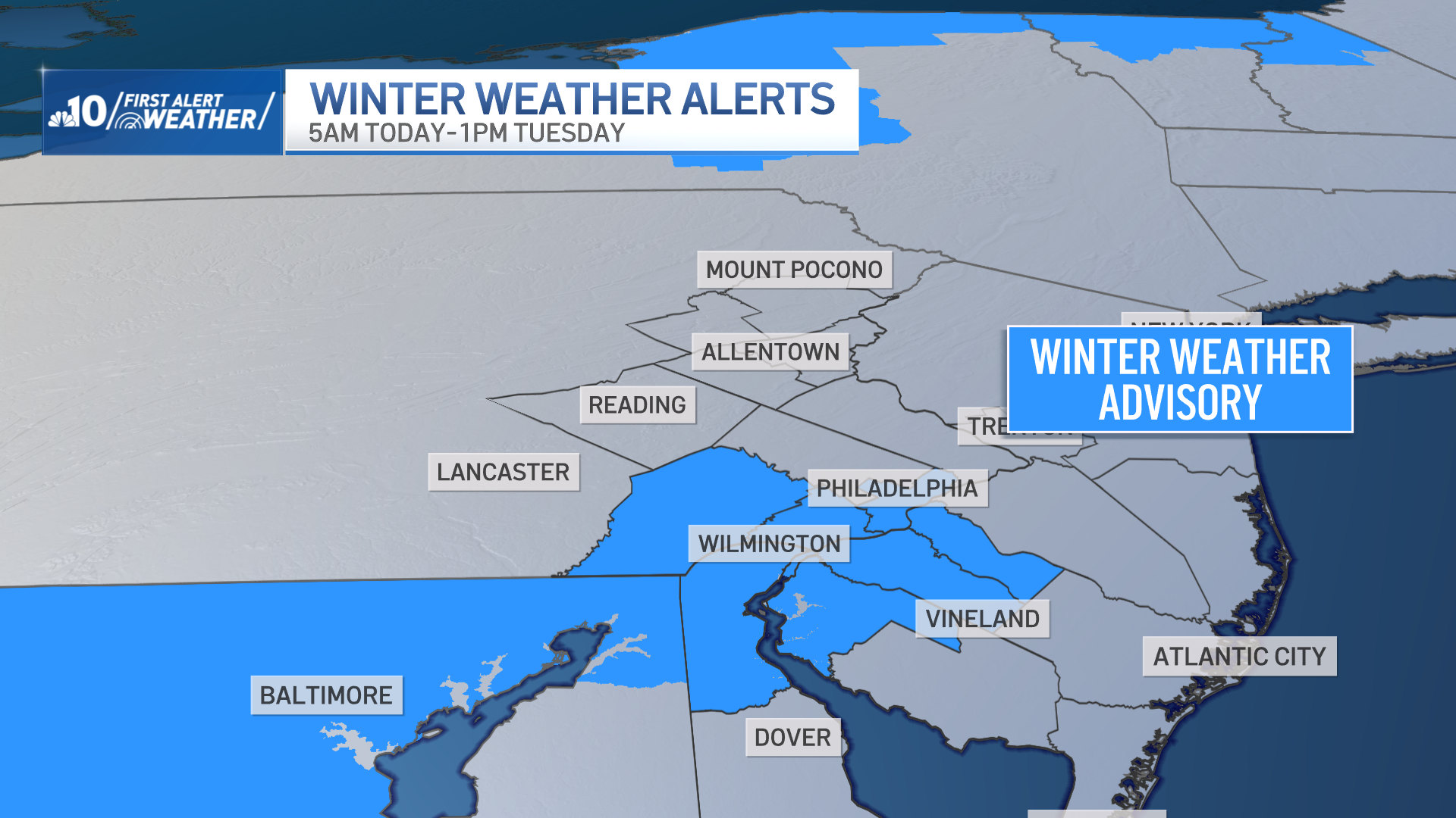 Map shows winter weather advisory for Philadelphia region.