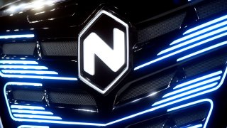 U.S. Nikola’s logo is pictured at an event held to present CNH’s new full-electric and Hydrogen fuel-cell battery trucks in partnership with U.S. Nikola event in Turin, Italy, on Dec. 3, 2019.