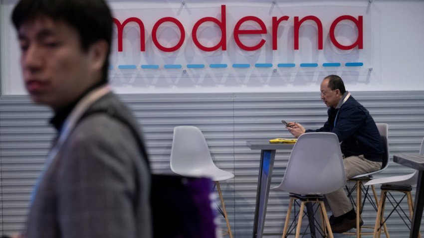 A sign for Moderna is seen at the Las Vegas Convention Center during the Consumer Electronics Show January 10, 2024, in Las Vegas, Nevada.