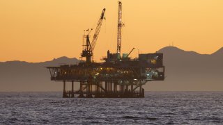 A view of offshore oil and gas platform Esther in the Pacific Ocean on January 5, 2025 in Seal Beach, California. 