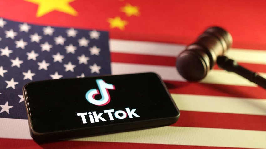 U.S., Chinese flags, TikTok logo and gavel are seen in this illustration taken Jan. 8, 2025. 