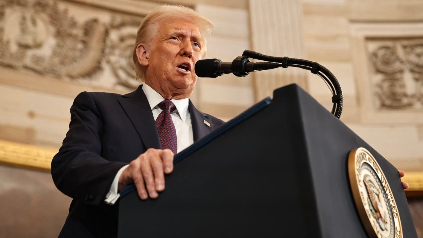 US President Donald Trump delivers his inaugural address after being sworn in as the the 47th president of the United States in the Rotunda of the US Capitol on January 20, 2025 in Washington, DC. 