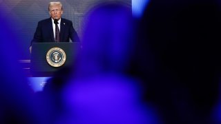 U.S. President Donald Trump makes a virtual address to the World Economic Forum in Davos, Switzerland, on Thursday, Jan. 23, 2025. 