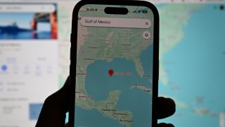 A smartphone displays Google Maps that shows Gulf of Mexico, in Mountain View, California, United States on January 28, 2025.