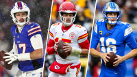 Split image of Josh Allen, Patrick Mahomes and Jared Goff