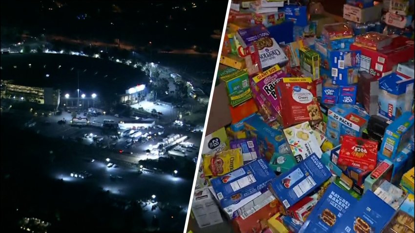 Split photo of Rose Bowl and food donations