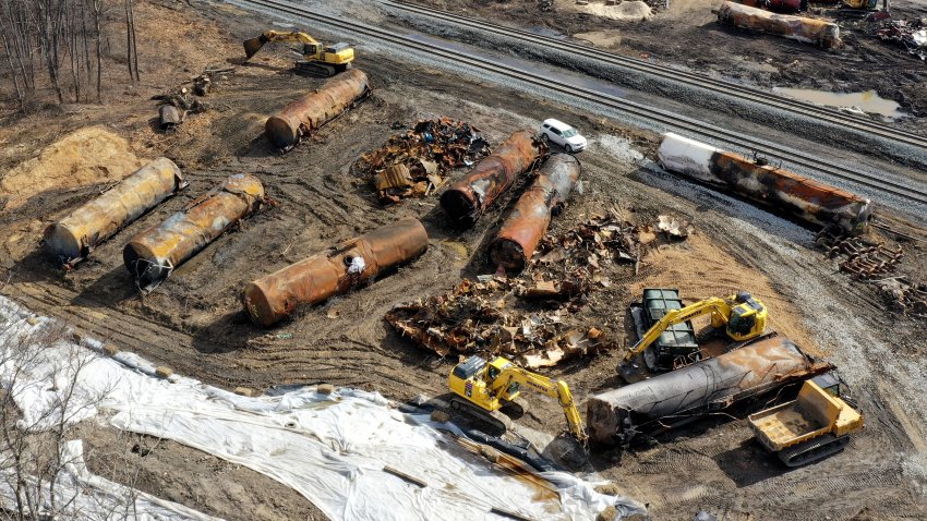 FILE - Cleanup continues, Feb. 24, 2023, at the site of a Norfolk Southern freight train derailment that happened on Feb. 3, in East Palestine, Ohio.