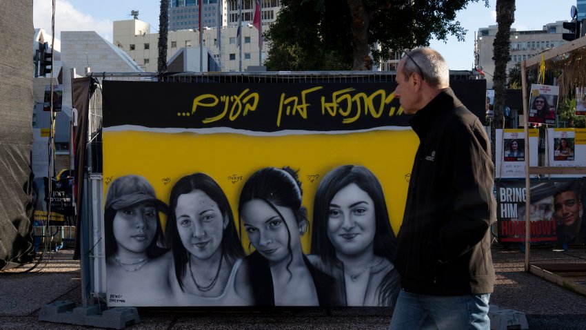 A mural of female Israeli soldiers held hostage by the Hamas militant group in the Gaza Strip is displayed in Tel Aviv, Israel, Friday, Jan. 24, 2025.