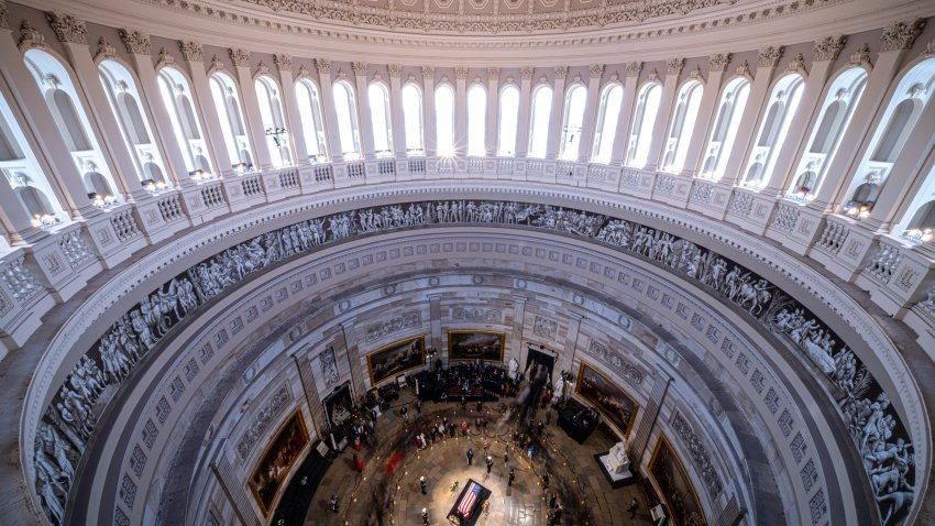 WASHINGTON, DC – JANUARY 8: The flag-draped casket of former U.S. President Jimmy Carter lies in state in the U.S. Capitol Rotunda on January 8, 2025 in Washington, DC. Carter’s body will lie in state in the Capitol Rotunda until a funeral service at the National Cathedral in Washington on January 9. Carter, the 39th President of the United States, died at the age of 100 on December 29, 2024 at his home in Plains, Georgia. (Photo by Andrew Harnik/Getty Images)