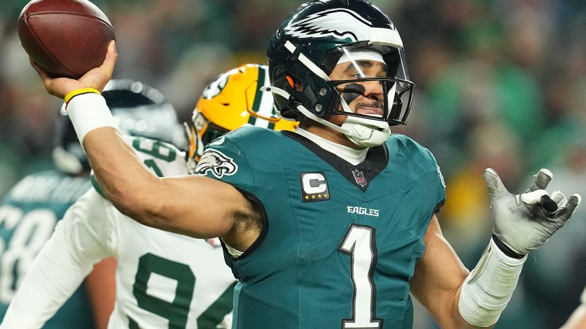 PHILADELPHIA, PENNSYLVANIA – JANUARY 12: Quarterback
Jalen Hurts #1 of the Philadelphia Eagles throws a pass in the second quarter of a game against the Green Bay Packers during the NFC Wild Card Playoff at Lincoln Financial Field on January 12, 2025 in Philadelphia, Pennsylvania.  (Photo by Mitchell Leff/Getty Images)