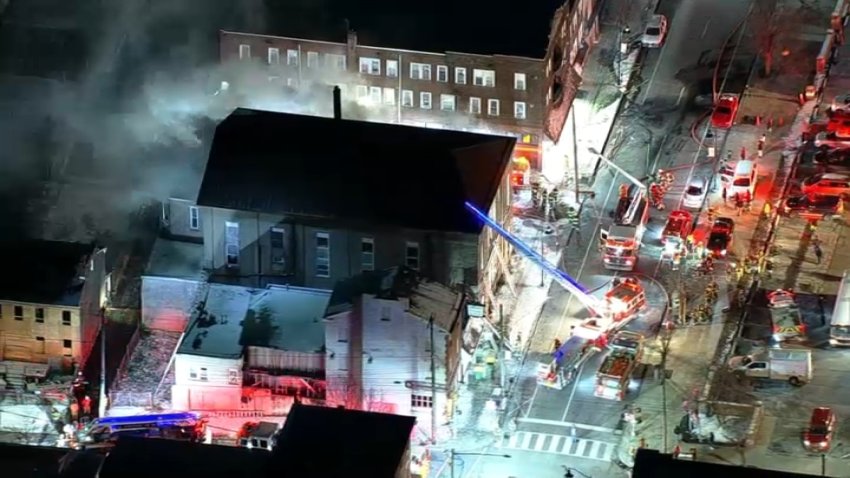 Aerial shot of the Faith Tabernacle House of Prayer during a fire on Jan. 7, 2025