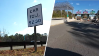 Sign reads "car toll $2.30" next to a photo of a toll plaza in New Jersey