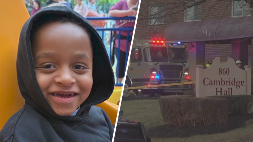 Photo of Jayden Gotell Watkins next to photo of a firetruck outside Cambridge Hall apartments