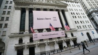 The New York Stock Exchange with a Hims & Hers Health banner is pictured in the Manhattan borough of New York City.