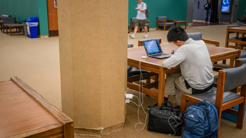 A student studies in the Perry-Castaneda Library at the University of Texas at Austin, Feb. 22, 2024.