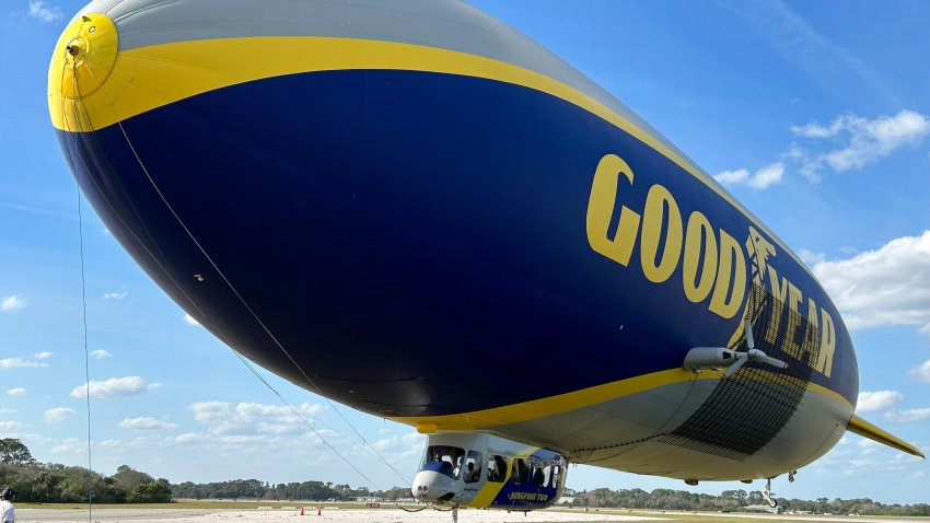 The Goodyear Blimp is prepared for takeoff, Wednesday, Feb. 12, 2025, in New Smyrna Beach, Fla.