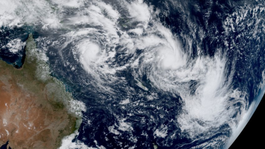 In this satellite image provided by CSU/CIRA & NOAA taken 1:10 GMT on Tuesday, Feb. 25, 2025, shows three cyclones, from left, Alfred, Seru and Rae east of Australia in the South Pacific.