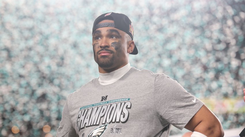 PHILADELPHIA, PENNSYLVANIA – JANUARY 26: Jalen Hurts #1 of the Philadelphia Eagles looks on following the NFC Championship Game against the Washington Commanders at Lincoln Financial Field on January 26, 2025 in Philadelphia, Pennsylvania. (Photo by Kathryn Riley/Getty Images)