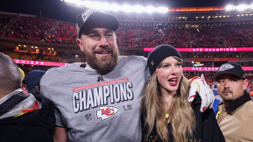 Taylor Swift celebrates with Travis Kelce