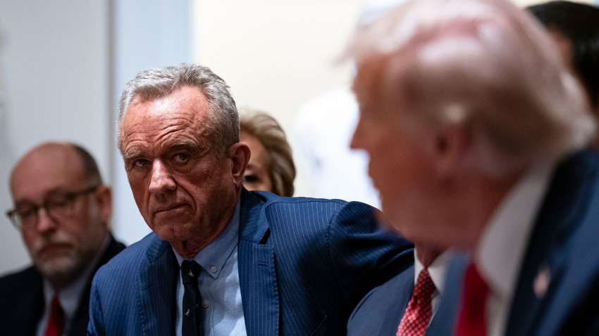 Russell Vought, director of the Office of Management and Budget (OMB), from left, Robert F. Kennedy Jr., US secretary of Health and Human Services (HHS), and US President Donald Trump during a cabinet meeting at the White House in Washington, DC, US, on Wednesday, Feb. 26, 2025. Elon Musk’s demand that more than two million federal employees defend their work is facing pushback from other powerful figures in the Trump administration, in a sign that the billionaire’s brash approach to overhauling the government is creating division.