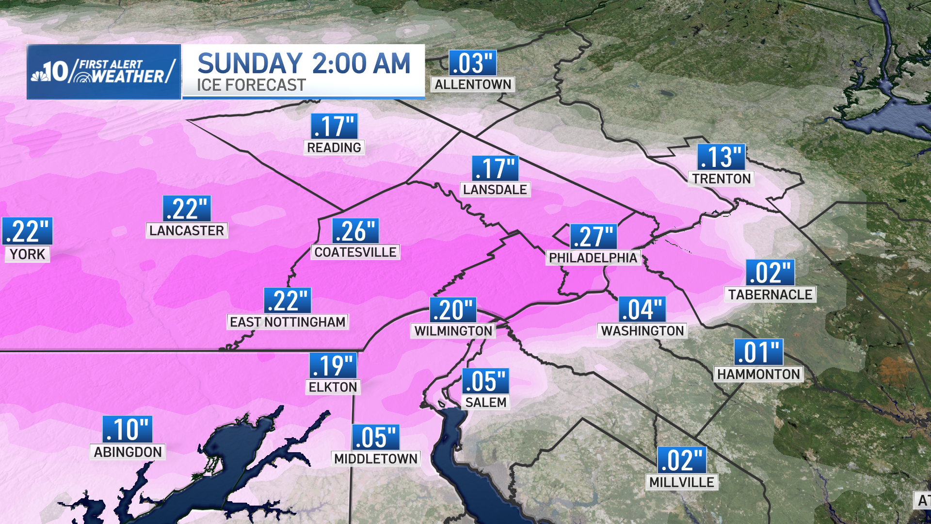 Map shows potential ice amounts on Feb. 8, 2025.