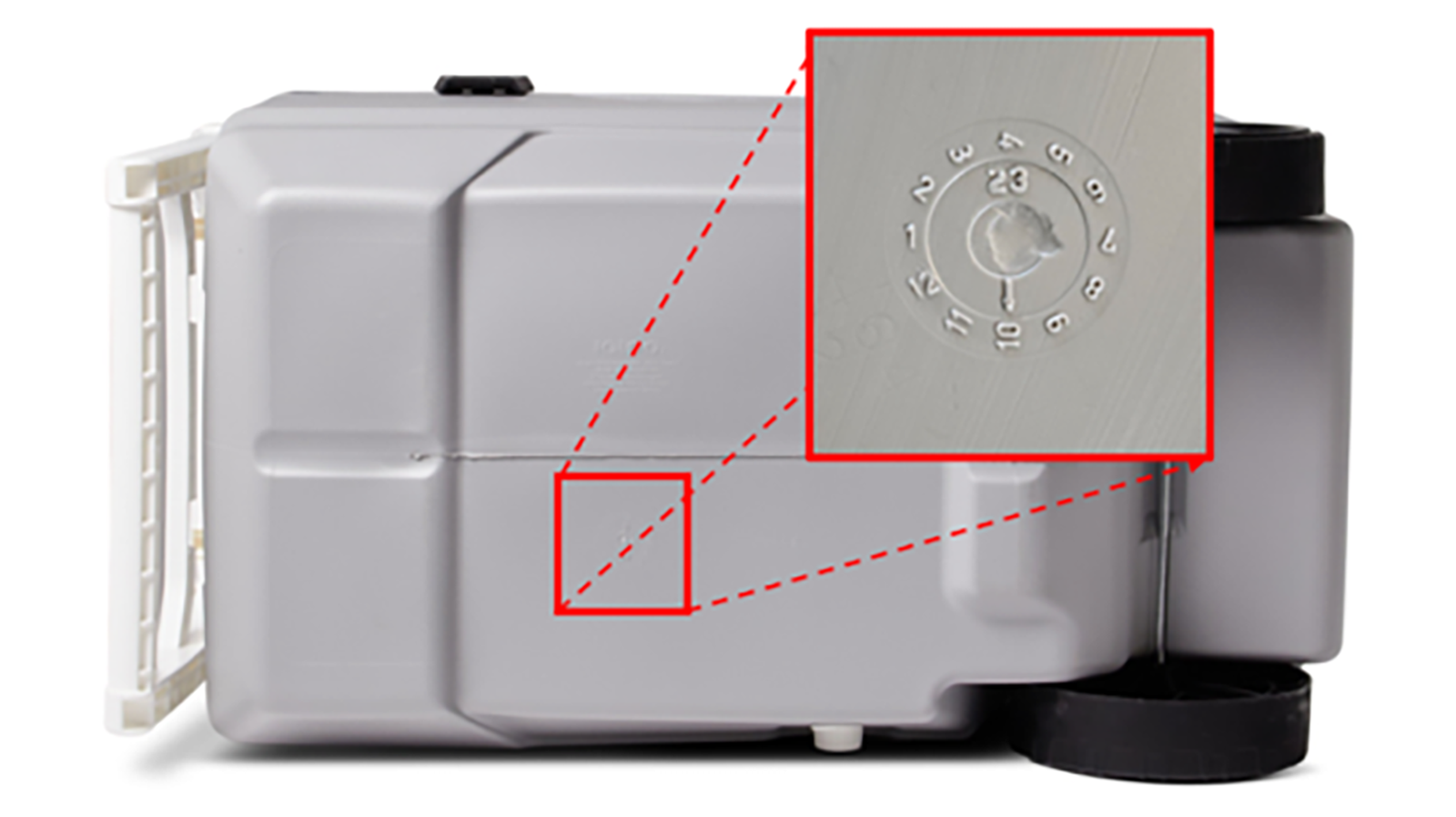 Location of Manufacturing Date Code under the recalled Igloo 90Qt Flip & Tow Rolling Cooler.