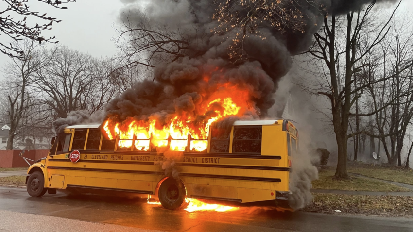 A school bus caught fire in Cleveland Height, Ohio, on Thursday.