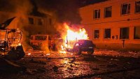 A vehicle burns in Kropyvnytskyi, Ukraine.