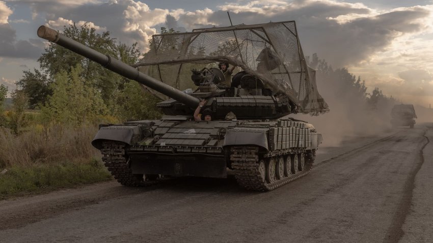 Ukrainian servicemen drive Soviet-made T-64 tanks in the Sumy region, near the border with Russia, on August 11, 2024, amid the Russian invasion of Ukraine. Russia on August 11 acknowledged Ukrainian troops had pierced deep into the Kursk border region in an offensive that a top official in Ukraine said aimed to “destabilise” Russia and “stretch” its forces. 