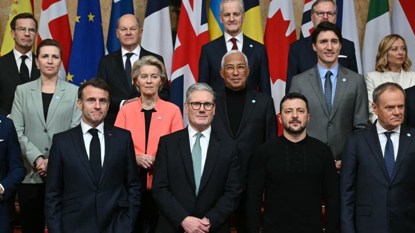 European leaders pose for a family photograph at Lancaster House during the European leaders’ summit on March 2, 2025 in London, England. 