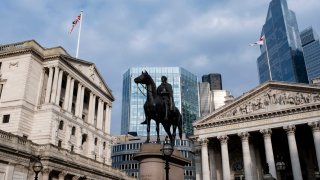 Bank of England, the Royal Exchange and the statue of the Duke of Wellington in the City of London on 19th February 2025 in London, United Kingdom.