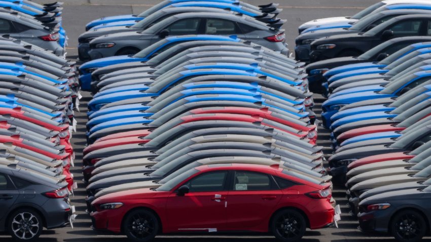 Vehicles awaiting shipment are parked at a port on March 27, 2025 in Yokohama, Japan. U.S. 