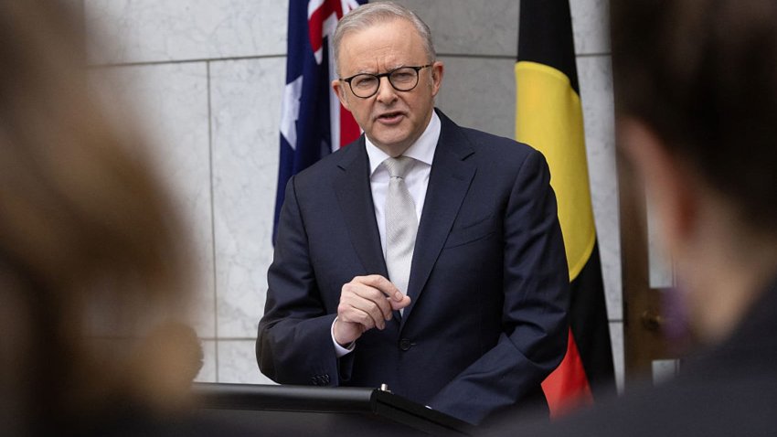 Australia’s Prime Minister Anthony Albanese during a press conference at Parliament House in Canberra on March 28, 2025.