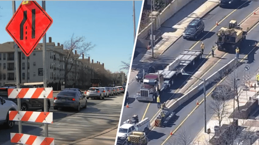 Split image shows traffic near City Avenue bridge lane closure on March 10, 2025.