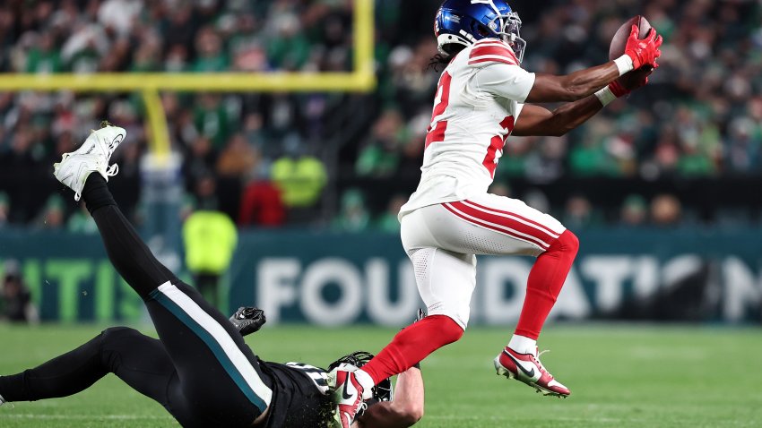 PHILADELPHIA, PENNSYLVANIA – DECEMBER 25: Adoree’ Jackson #22 of the New York Giants intercepts a pass and scores a touchdown during the third quarter against the Philadelphia Eagles at Lincoln Financial Field on December 25, 2023 in Philadelphia, Pennsylvania. (Photo by Dustin Satloff/Getty Images)