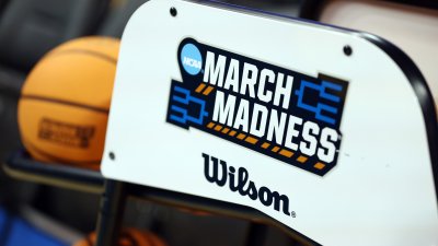 NCAA March Madness logo on a basketball rack
