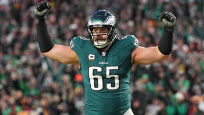 PHILADELPHIA, PENNSYLVANIA – JANUARY 26: Lane Johnson #65 of the Philadelphia Eagles reacts after a touchdown run against the Washington Commanders during the third quarter in the NFC Championship Game at Lincoln Financial Field on January 26, 2025 in Philadelphia, Pennsylvania.  (Photo by Mitchell Leff/Getty Images)