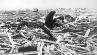 Inhabitants comb the wreckage of the town of Griffin, Indiana, in the wake of the tri-state tornado, March 1925. The tornado began in Missouri on the 18th March, and tore through Illinois and Indiana, killing 689 people. (Photo by Topical Press Agency/Hulton Archive/Getty Images)